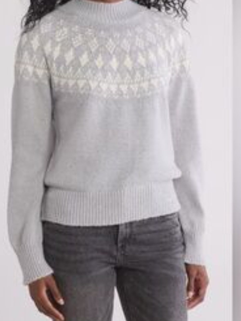 Classic Crewneck Fair Isle Sweater in Light Gray and Cream